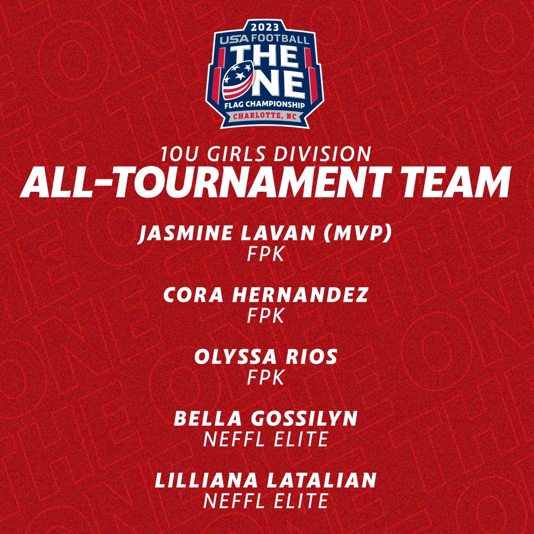 Congratulations to our 10U Girls Division Champions - FPK!

We'd also like to shoutout our Division MVP - Jasmine Lavan of FPK - and our 10U Girls All-Tournament Team 👏🏆🏈

#TheOneFlagChamps | #FlagFootball
