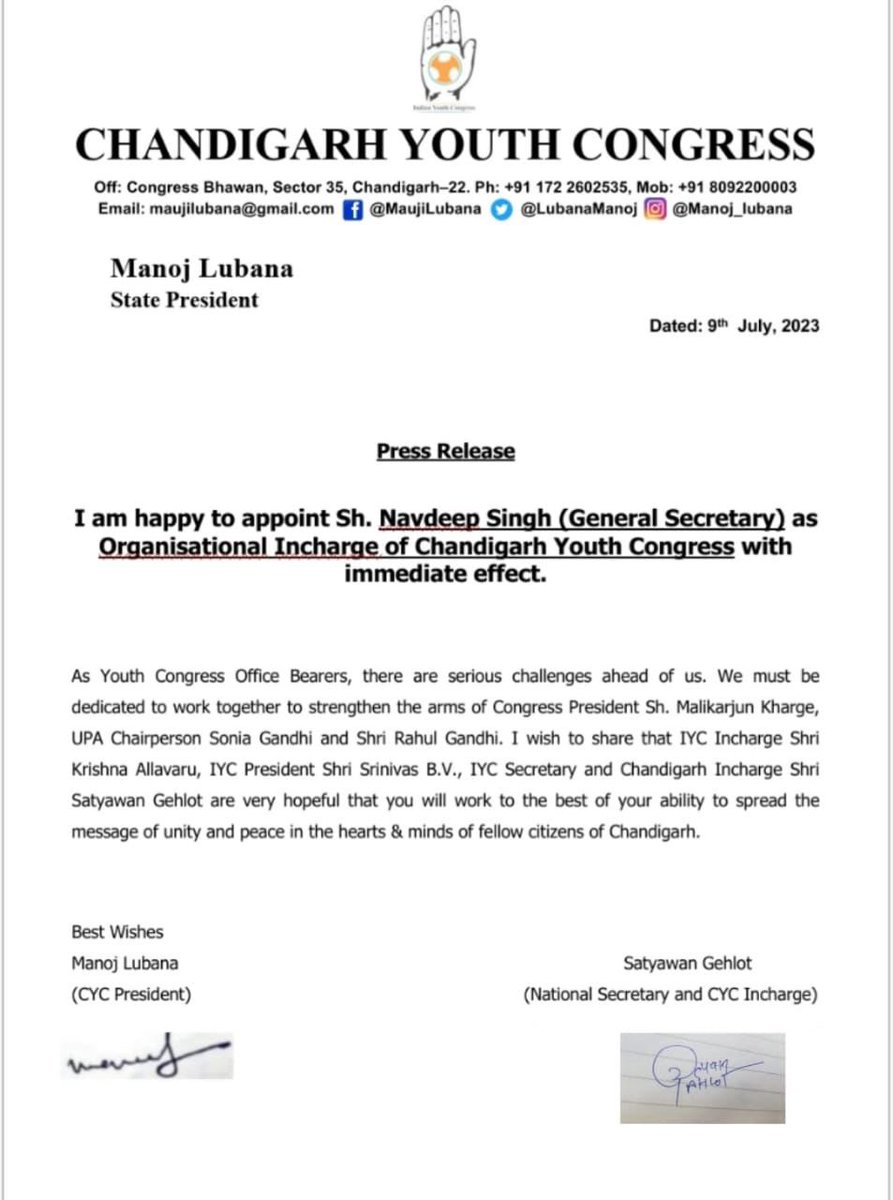 IYCChandigarh's tweet photo. Congratulations to Navdeep Singh for being appointed as the Organisational Incharge of Chandigarh youth congress. Thanking our Incharge @SatywanGahlot and our president @LubanaManoj for this decision hoping it’ll give fruitful outcomes to the organisation. https://t.co/Hq6J8w9zIs