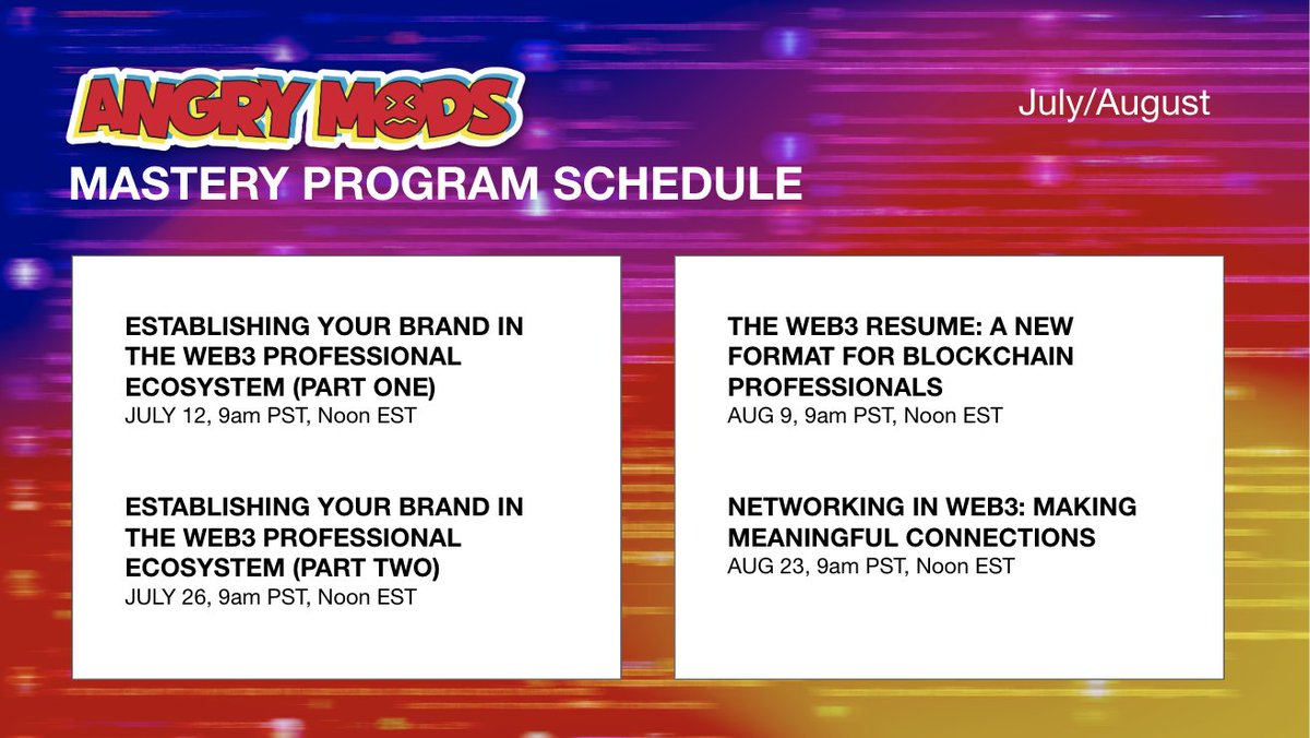 AngryModsNFT's tweet photo. Our Mastery Program kicks off this week with Part One of our branding series. All sessions will be held in discord. To join, please fill out the survey in bio 📋
#web3branding #web3jobs #web3hiring https://t.co/ZBtL6NrYL3