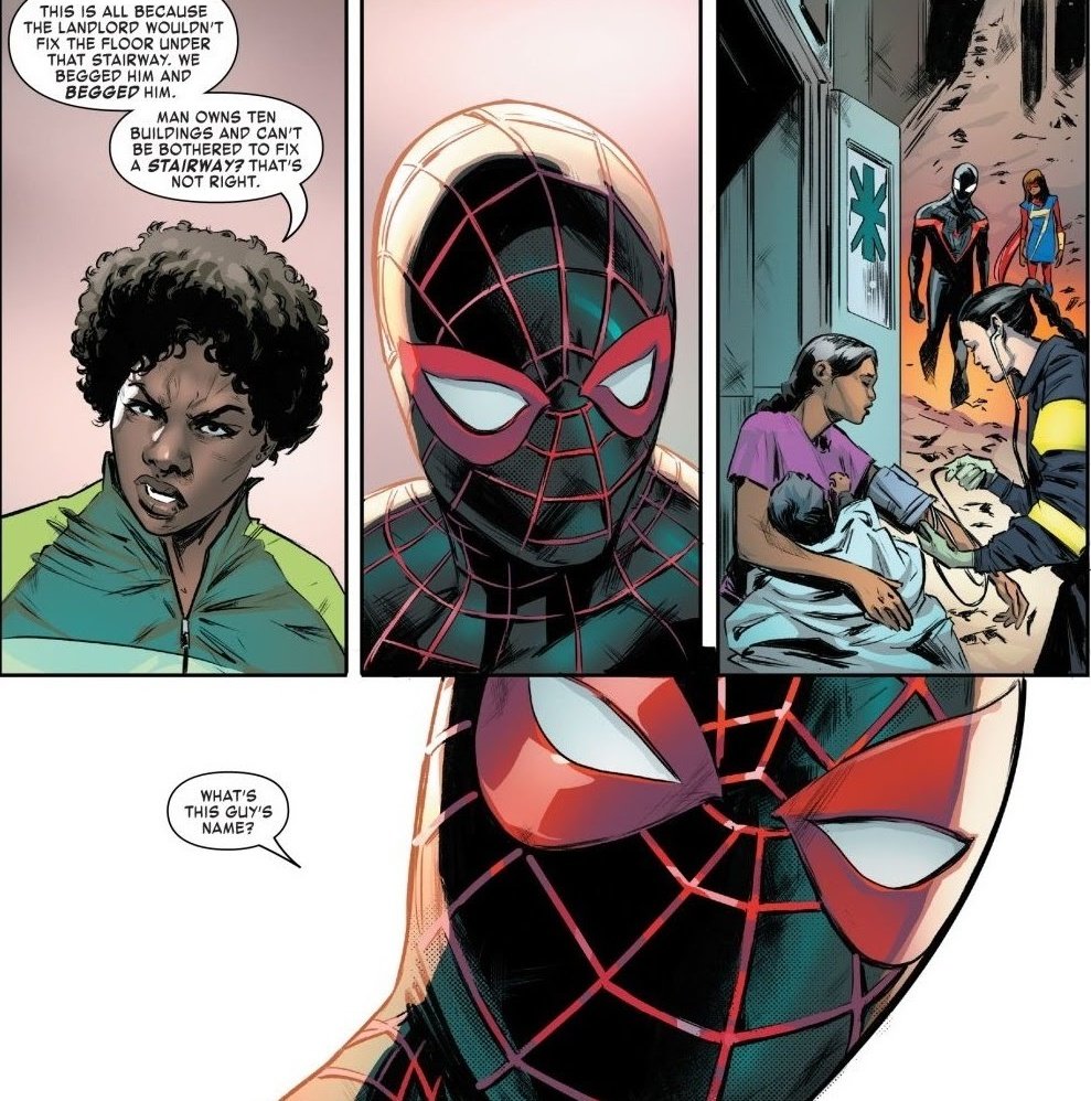 ComicGirlAshley's tweet photo. A building full of people collapsed because the landlord didn't make repairs the tenants had been begging for. It's rare to see Miles get this genuinely angry but it's such a cool moment! https://t.co/mvuxOim1sS