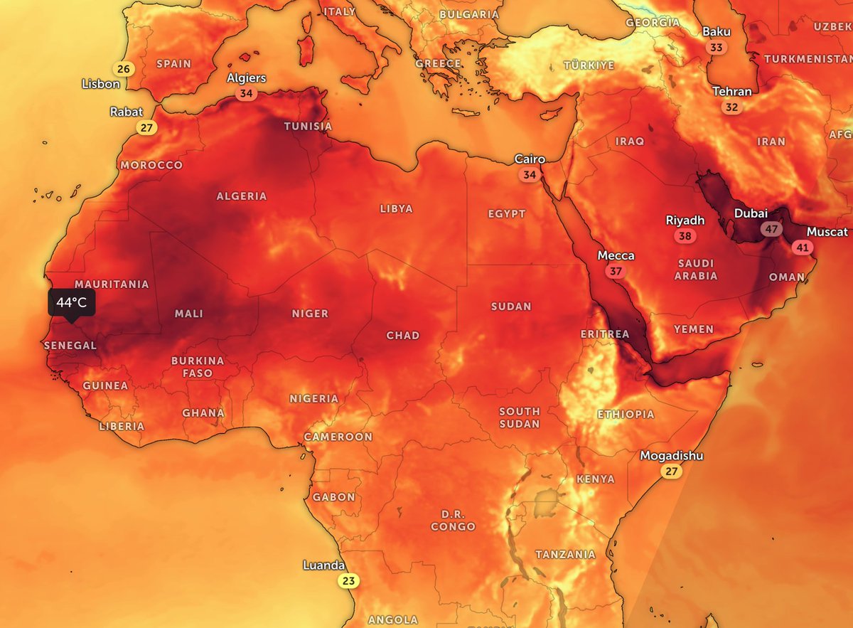 West &amp; North Africa experiencing record temps, with Morocco - a major producer of Euro fruits - reaching its highest temp ever this week. Senegal is also facing intense heat - this is not the Sahara desert. These countries are suffering from the effects of a supercharged climate.