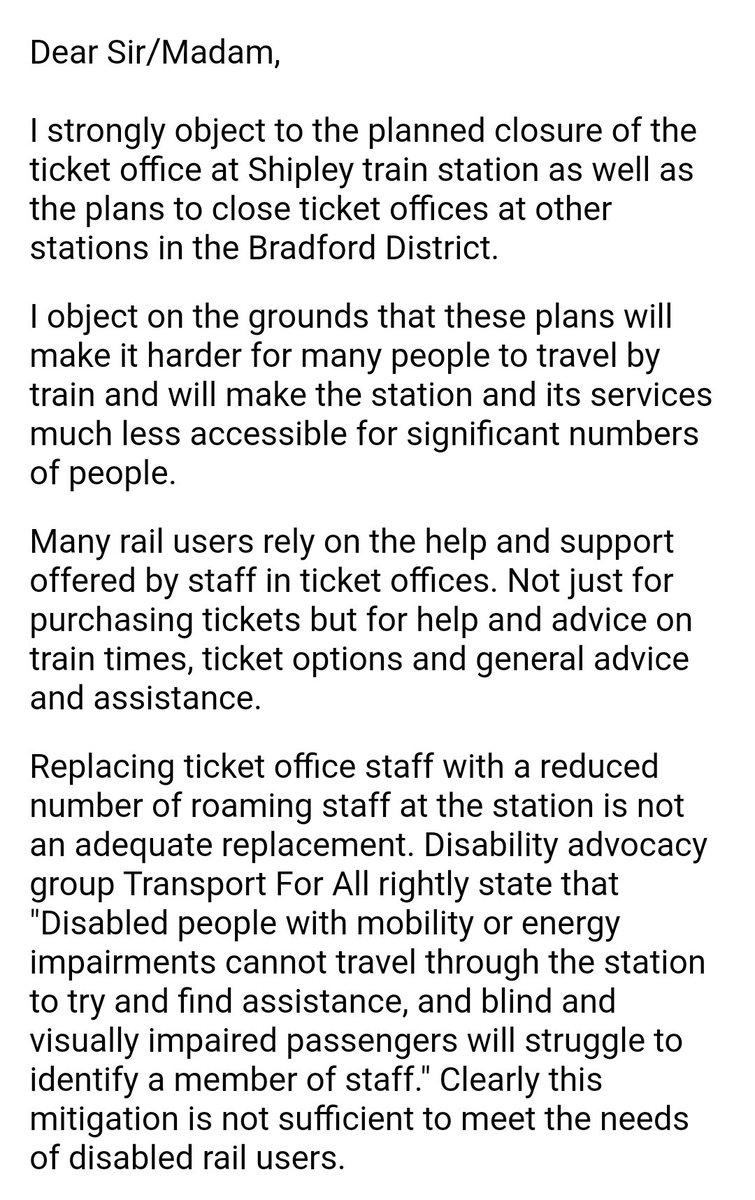 DarrenBar88's tweet image. I have objected to the plan to close #Shipley train station's ticket office.

This plan will make it harder to increase uptake in rail use and will make life significantly harder for those who already use the rail network but need support when they do.

Objection below 👇