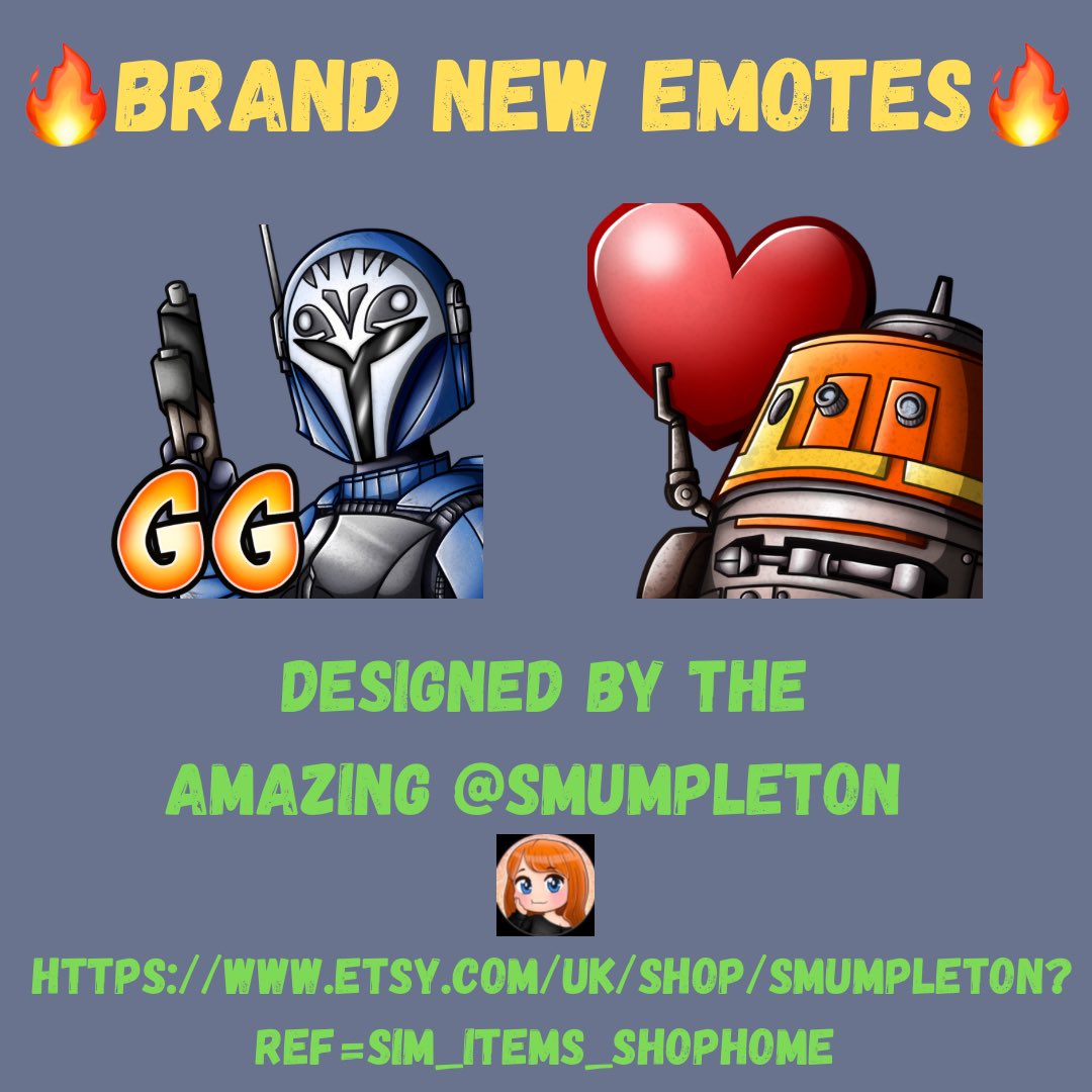 LOVE MY NEW EMOTES🔥❤️
If you need work done then there’s only one place to get them, and that’s  Smumpleton! Link below!❤️

etsy.com/uk/shop/Smumpl…

#starwars #emotes #bokatan #bokatankryze #chopper #chopperrebels #Friends #streamer #twitch #twitchstreamer #starwarscommunity