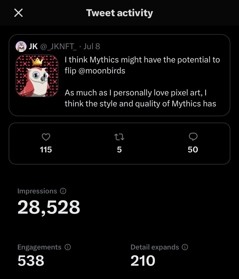 _JKNFT_'s tweet photo. Happy that yesterday’s fud-free @moonbirds tweet got nearly 30k impressions, but even happier that it prompted some fun speculation and conversation from the community and team.

That’s they type of engagement farming I can get behind. https://t.co/LlUdsqnNYo