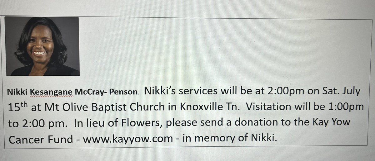 dawnstaley (@dawnstaley) on Twitter photo Good afternoon everyone. My sister and friend Nikki McCray Celebration of Life service will be in Knoxville July 15 at 2pm. From the family, in lieu of flowers please consider making a donation to <a href="/KayYowFund/">Kay Yow Cancer Fund</a> Good afternoon everyone. My sister and friend Nikki McCray Celebration of Life service will be in Knoxville July 15 at 2pm. From the family, in lieu of flowers please consider making a donation to <a href="/KayYowFund/">Kay Yow Cancer Fund</a>