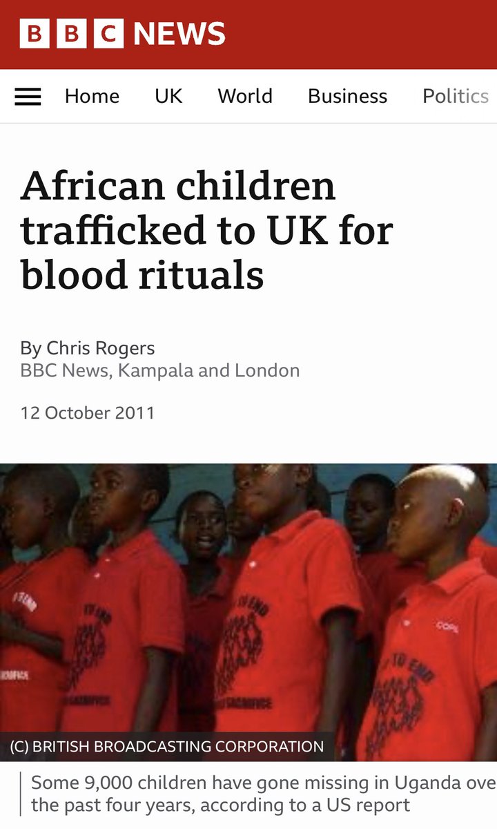 dom_lucre's tweet photo. On October 12, 2011, BBC exposed how thousands African children were being kidnapped and trafficked to the United Kingdom for blood rituals through occult societies and reverse aging searchers. Thank goodness the mainstream media calls this a QAnon conspiracy and nothing more. https://t.co/O2ICyebLkH