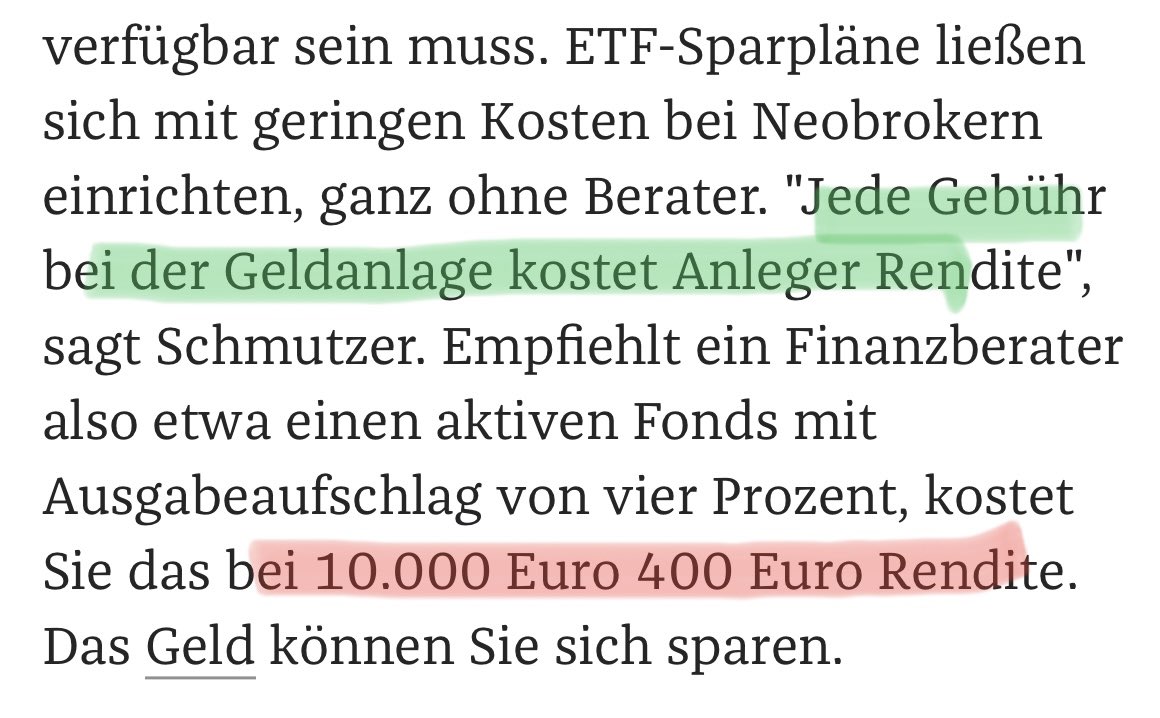 Wie wahr, <a href="/zeitonline/">DIE ZEIT</a>: Alles, was bei der Geldanlage für Kosten draufgeht, kann keine Rendite bringen. Und 4% Ausgabeaufschlag bei €10.000 #Fonds-Investment kosten langfristig u.U. sogar viel mehr als €400!

Beispiel: Über 20 Jahre werden aus €10.000 bei 7% p.a. Rendite