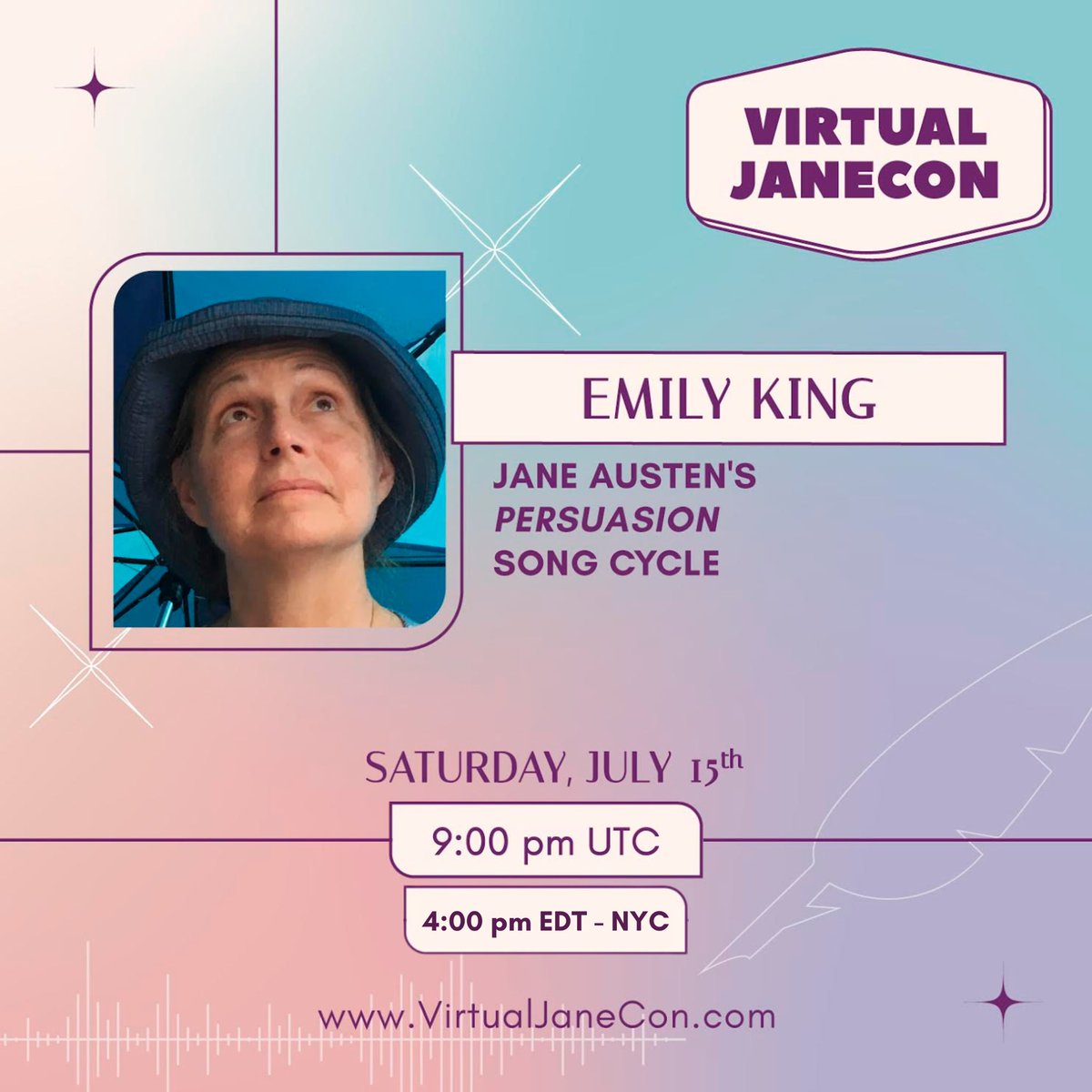 ✨VIRTUAL JANECON 〰️ w/ Artistic Director Emily King! <a href="/virtualjanecon/">#VirtualJaneCon</a> 👏

🗓️ Saturday July 15th
⏰ 4:00pm EDT - NYC, 
9:00pm UTC

Tune in live!

virtualjanecon.com

#PersuasionSongCycle #JaneAusten #VirtualJaneCon #janeaustenfan #Persuasion #janeaustenpersuasion #pastichenyc