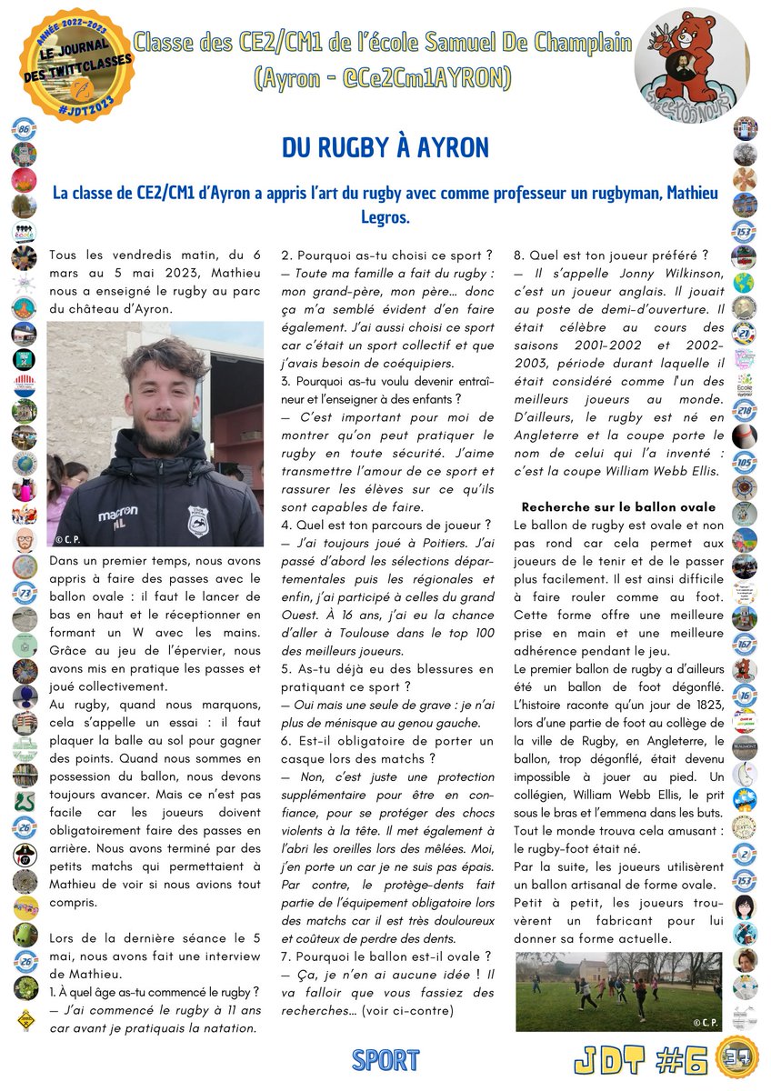 #UnArticleDuJdT
Pour cette 29e découverte, nous vous proposons de lire l'article réalisé par les CE2/CM1 de <a href="/Ce2Cm1AYRON/">s</a> (#Ayron) dans le Journal des TwittClasses. #JdT2023🗞️
Il parle de leur apprentissage du rugby et se trouve en page 37 du journal.
Bonne lecture !
<a href="/FranceRugby/">France Rugby</a>