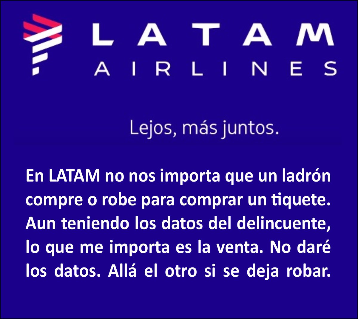 josbui's tweet photo. Me acaban de robar con mi tarjeta de crédito US$4.000 en tiquetes de Latam. Ellos me dicen que me arregle con el banco. Claro que lo hice, pero yo quiero los datos del ladrón para demandarlo penalmente por robo y estafa. @LATAM_CO @latam #latam #robo #estafa https://t.co/J5hooO8Qb0