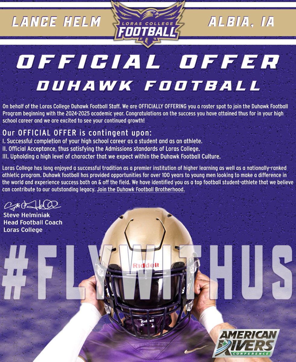Excited to announce I have received my first offer from Loras College. A chance to continue my football career. Thank you <a href="/CoachHLorasFB/">Steve Helminiak</a>, <a href="/FBCoachBlaze/">Coach Blaze</a>; and <a href="/LorasCollegeFB/">Loras Football</a> #FlyDuhawks