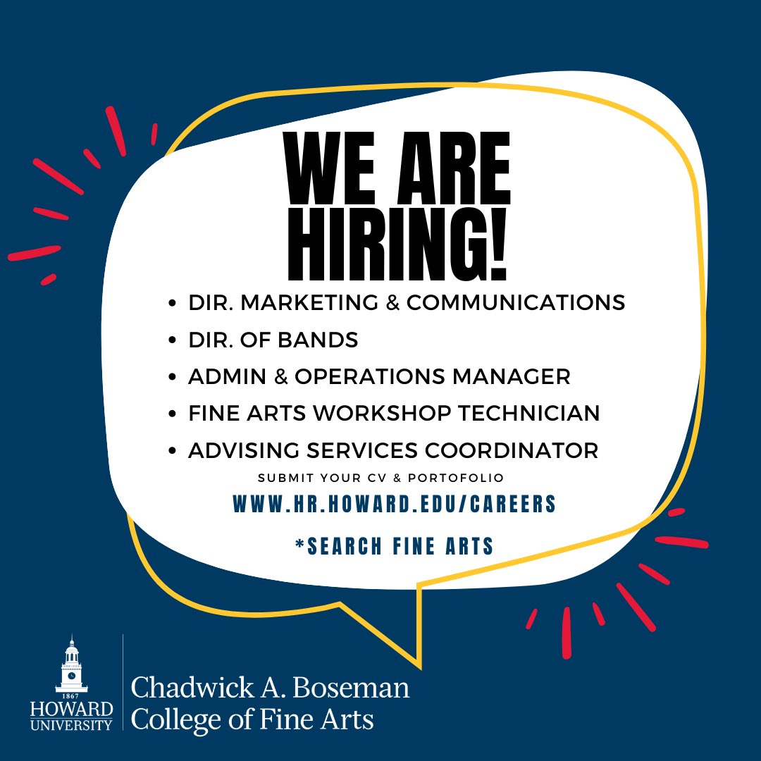 We are hiring in the Chadwick A. Boseman College of Fine Arts at Howard University! Employment at the College of Fine Arts offers the excitement of being part of a vibrant academic and artistic environment.
Visit: https://t.co/QtwKqLYGSS and search FINE ARTS. https://t.co/lC4c8qv9pJ
