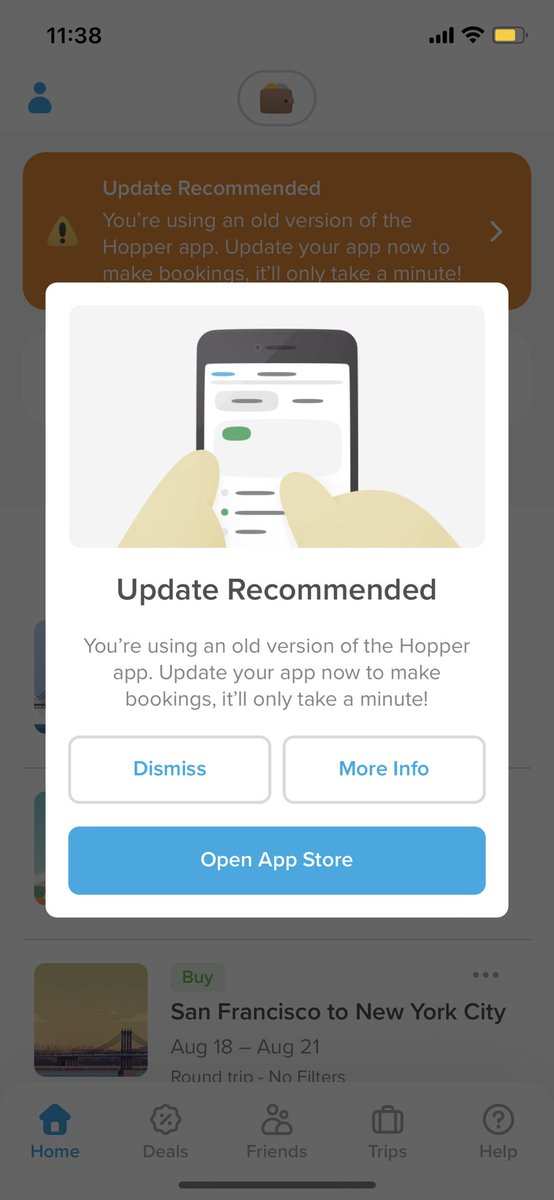 GenerallyJenn's tweet photo. @HopperSupport I was wondering if you had any suggestions for an issue I’m having: when I tap the button to look at flights, I get this pop up. However, when I go to the App Store there is no option to update. My iOS is up to date (help article says updating OS is the solve). https://t.co/ohIwMkaLJk