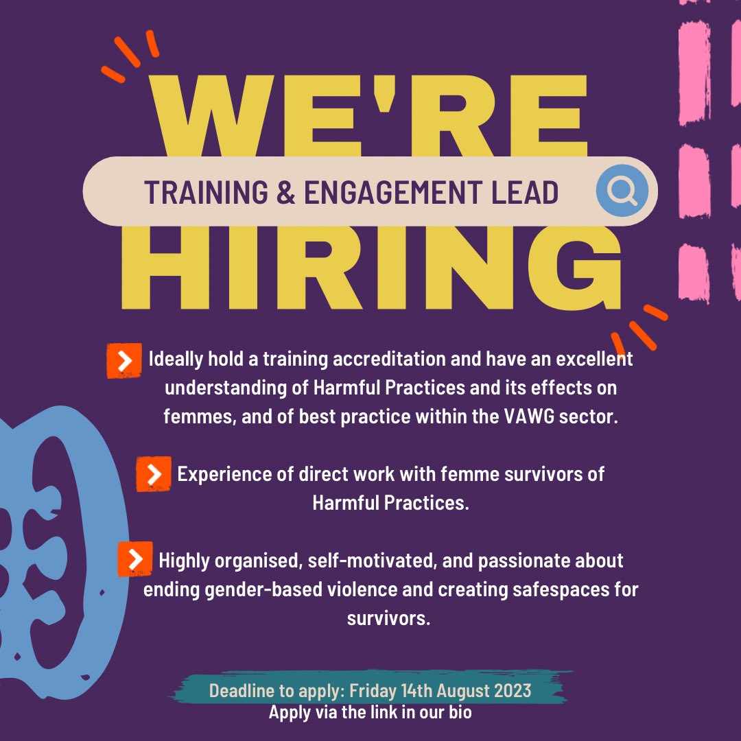 🚨New vacancy alert🚨

We are currently looking a Training & Engagement lead to join our amazing team. To find out more information and to apply 👉🏾hersana.livevacancies.co.uk/#/job/details/…

#vacancy #job #londonjobs #fulltimejobs #vawgjobs #vacancies #trainingengagement #training #trainingjobs