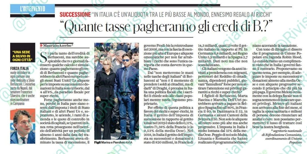 maurizioacerbo's tweet photo. Ci hanno raccontato tante cose su eredità di #Berlusconi ma non quante tasse pagheranno eredi.

Oggi su Il Fatto Quotidiano segnalo che abbiamo le imposte su successioni e donazioni con le aliquote più basse di Europa per milionari e miliardari.
#eredità 
#SilvioBerlusconi https://t.co/JF8niTK7An