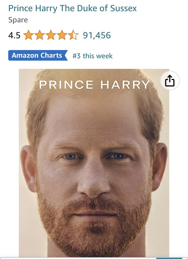 JoDivaRunner's tweet photo. I rate popularity by how people are willing to spend their time and money. Harry’s book has been a bestseller for over 6 months and has over 91,000 reviews. The book about the other brother never even broke through the top 500 and has less than 700 reviews. https://t.co/LpvebG0Url