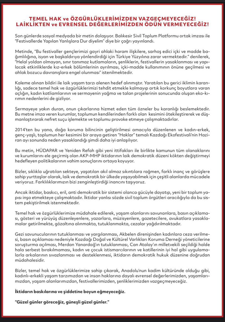 EmepBalikesir's tweet photo. Yayınladıkları bildiriyle #Balıkesir’deki festivallerin ve kadınlı- erkekli etkinliklerin yasaklanmasını isteyen “Balıkesir Sivil Toplum Platformu”na karşı cevabımızdır.
#LaiklikHayattır #HaklarımızdanVazgeçmiyoruz #Ekofest
https://t.co/iDJMDgvAfx https://t.co/rPdzsya9a3