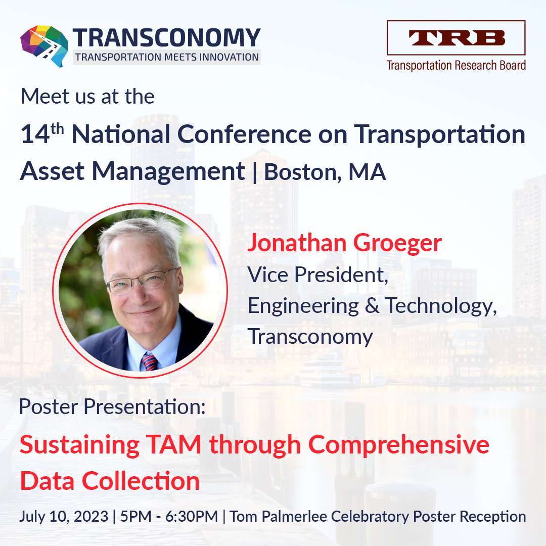 transconomy's tweet photo. Our VP, Engineering &amp; Technology, Mr. Jonathan Groeger, will be at the 14th National Conference on Transportation Asset Management (@NASEMTRB) on July 10th, 2023.

See you all there!

#Transportation #AI #TRBAM https://t.co/YwlYzZpZjC