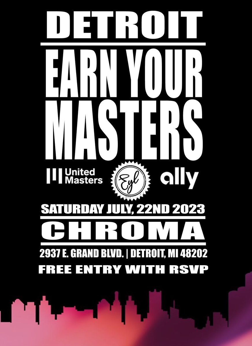 Earn Your Leisure (@earnyourleisure) on Twitter photo Detroit, we have a Major event in the works for the city! We have something epic planned with <a href="/unitedmasters/">UnitedMasters</a>. Meet us at 2 pm on July, 22nd.
This is a Free event but space is extremely limited. YOU MUST RSVP TO ATTEND. Click the link below to RSVP
news.unitedmasters.com/eym Detroit, we have a Major event in the works for the city! We have something epic planned with <a href="/unitedmasters/">UnitedMasters</a>. Meet us at 2 pm on July, 22nd.
This is a Free event but space is extremely limited. YOU MUST RSVP TO ATTEND. Click the link below to RSVP
news.unitedmasters.com/eym