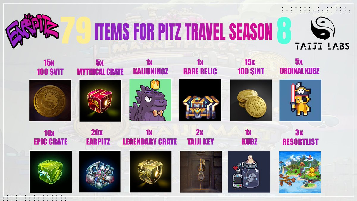 🚀 Season 8 Travel for Earpitz Begins! 🚀 ⭐️79 ITEMS in total ⭐️3000 $VIT & $INT ⭐️3x Resortlist & Much More Join our Discord for the most recent updates on Traveling, Crews, and upcoming changes. And make sure to get your Earpitz traveling to reap these rewards! 👾