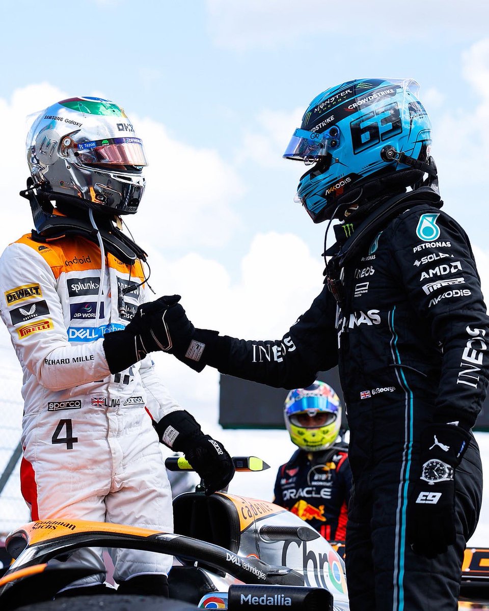 GeorgeRussell63's tweet photo. Lando, well done mate, you deserve it! P5 today after unfortunate timing of the Safety Car, but great to have two Brits up there with LH on the podium and a strong team result overall. Thank you so much for all the home support, it’s been genuinely incredible. 💙🇬🇧 https://t.co/M0m1tH7Csj