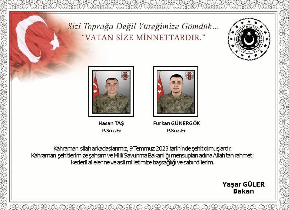 turgayozturk048's tweet photo. Pençe Şimşek Operasyonu’nda şehit olan kahraman Mehmetçiklerimiz Hasan Taş ve Furkan Günergök’e Allah'tan rahmet,kederli ailelerine sabırlar diliyorum.
Milletimizin başı sağolsun🇹🇷 https://t.co/DtTDbm3j1t