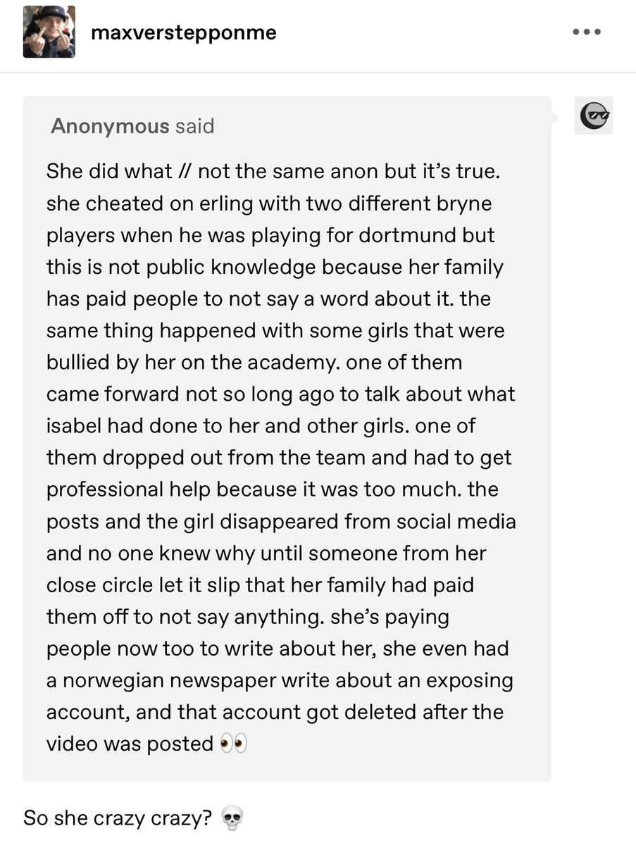 exposingisabelh's tweet photo. This was said a few days ago on the F1 gossip Tumblr blog Maxverstepponme. I’m posting this because it is not the first time I’ve heard about Isabel Haugseng being a bully, cheating on Erling and paying people to lie so the truth doesn’t come out 👀 https://t.co/Mu7TAboe3P