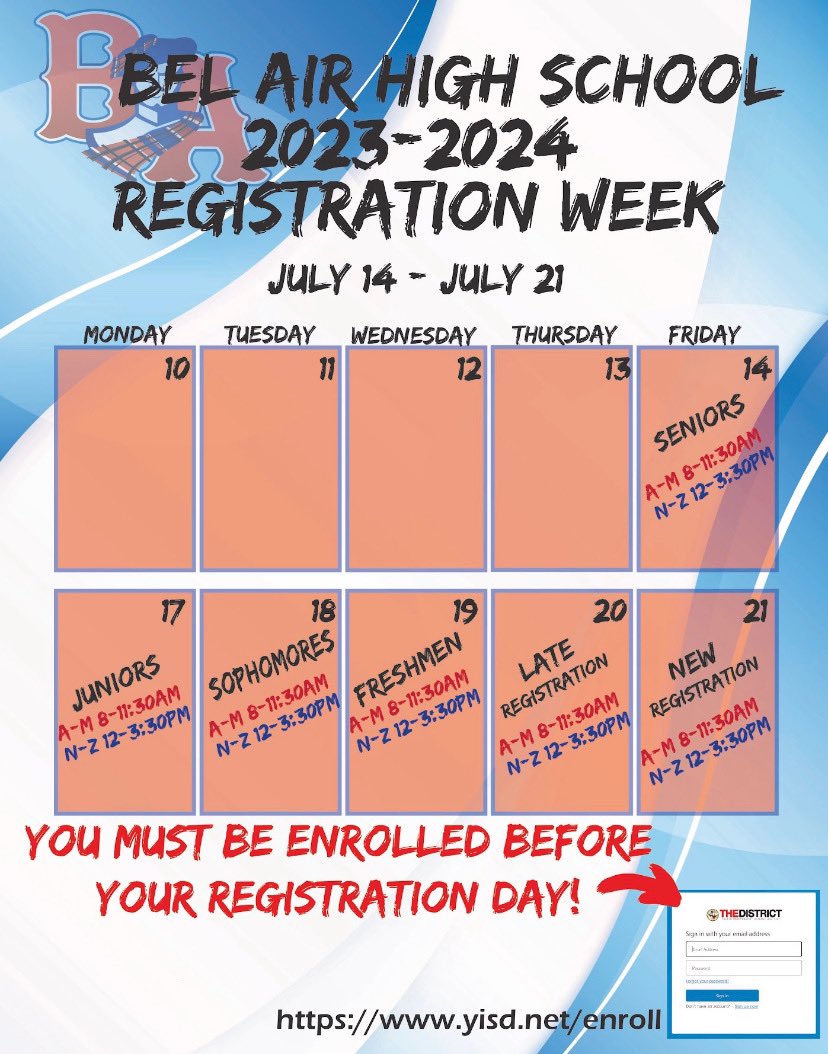 Jake Valtierra (@ba_highlanders) on Twitter photo 🚨 Attention Highlanders🚨
Registration starts this week on Friday, July 14th for Seniors!
Please see the registration schedule below 👇🏼.
Let’s Go <a href="/BelAirHigh/">Bel Air HS</a> Highlanders 🎉!! We Are #LoyalForever 💙❤️ 🚨 Attention Highlanders🚨
Registration starts this week on Friday, July 14th for Seniors!
Please see the registration schedule below 👇🏼.
Let’s Go <a href="/BelAirHigh/">Bel Air HS</a> Highlanders 🎉!! We Are #LoyalForever 💙❤️
