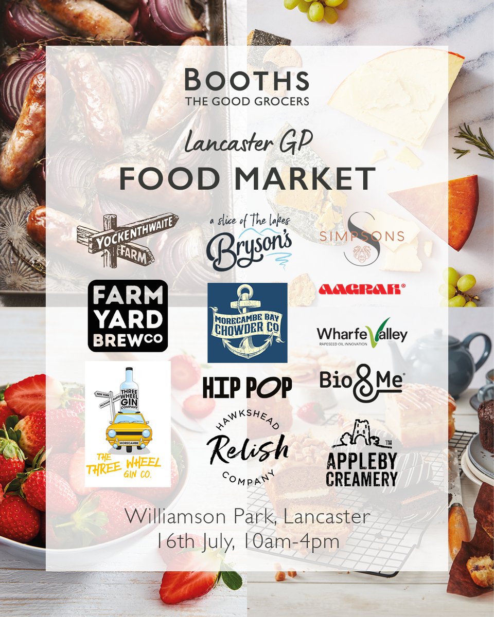 Who's up for a FOOD MARKET? 😋
Next Sunday the 16th July and we can't wait: our Booths Lancaster Food Market comes to <a href="/WilliamsonPark/">WilliamsonPark</a> 10am-4pm!
In association with <a href="/LancasterGPrix/">LancasterGrandPrix</a> elite cycle race, find out more booths.co.uk/store/lancaste…