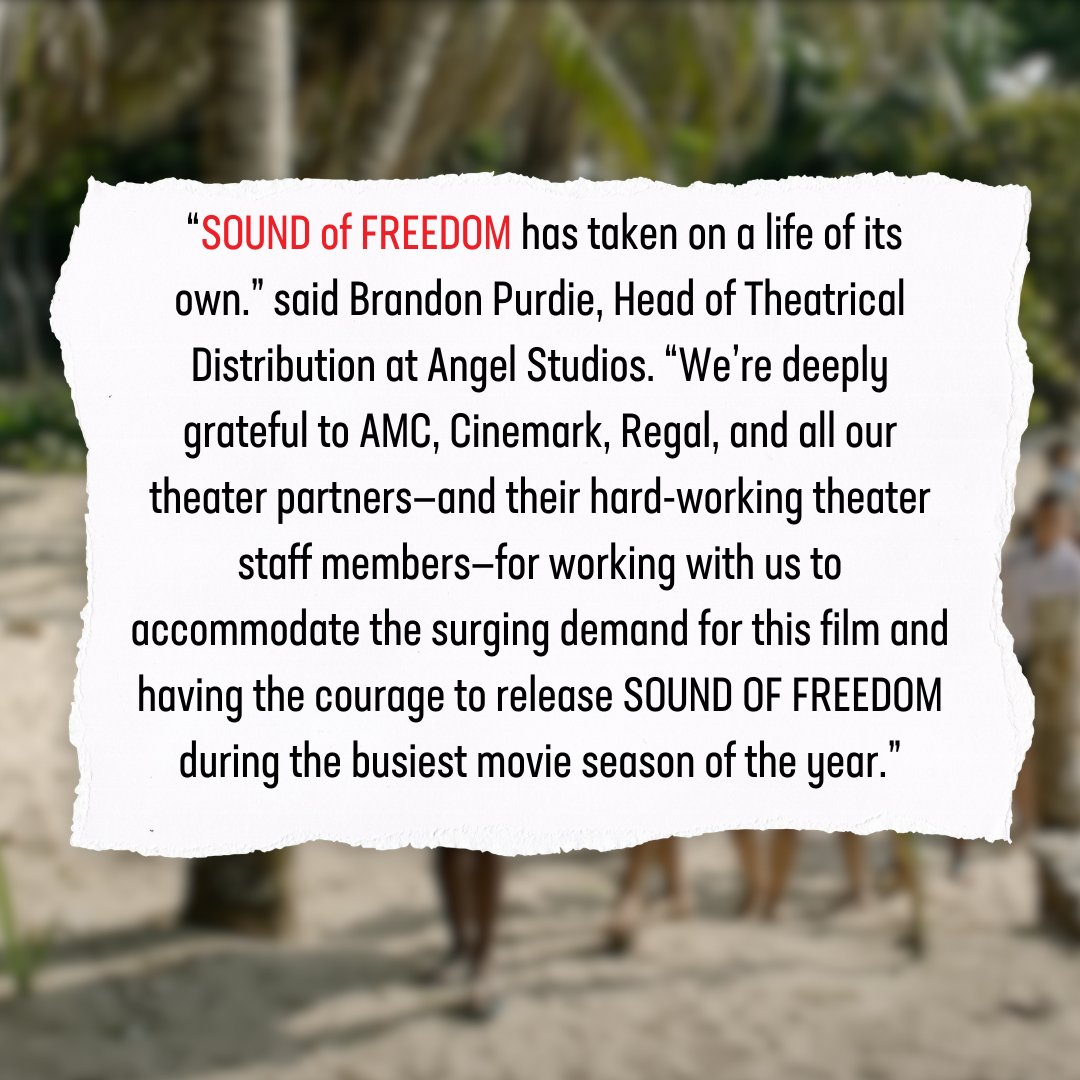 We want to thank all the theaters and employees for supporting Sound of Freedom this past week. Over 2800 locations have worked to make tasty popcorn, tackle cleanups, brave heat waves, and fix AC mishaps. Please thank a staff member of the theaters for the work they are doing.