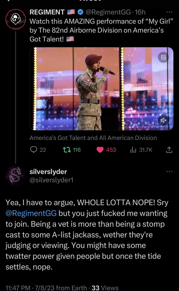 Entxurage's tweet image. This dude got offended by watching U.S. Army soldiers sing LMAOO 

I swear some people on this app are actual NPC’s and there’s no way they’re real people…