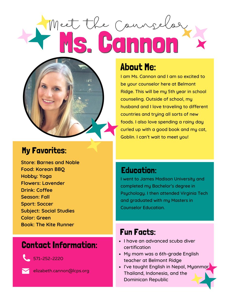 Welcome to <a href="/BelmontRidge/">Belmont Ridge Middle</a> Ms. Cannon!  Ms. Cannon will serve as our sixth-grade counselor!
