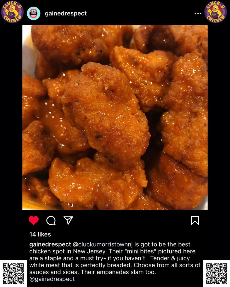 CluckNJ's tweet photo. #GainedRespect 🤝
_
#CluckU
#ItsAnAddiction
#MorristownNJ 
#MorrisCounty 
#Wings 
#Foodies
#Friday 
#QRCode
#Folllow 
#MorristownEats 
#ChowNow
#ChickenLover
#Delivery
#TakeOut
#CluckU30 https://t.co/ijlXBSR6z7