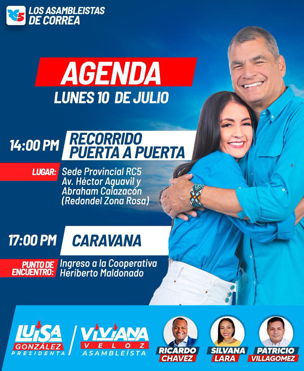 ES HORA DEL CAMBIO ✋🏻💙❤️

Acompáñanos a nuestras actividades este lunes, 10 de julio, por un #Ecuador inclusivo, próspero y seguro. 

#SantoDomingo 
#RevoluciónCiudadana 
#PresidentaLuisaGonzález 
#VivianaVelóz 
#MiVotoEsPorVivianaVelóz 
#Todo5🤚🏻