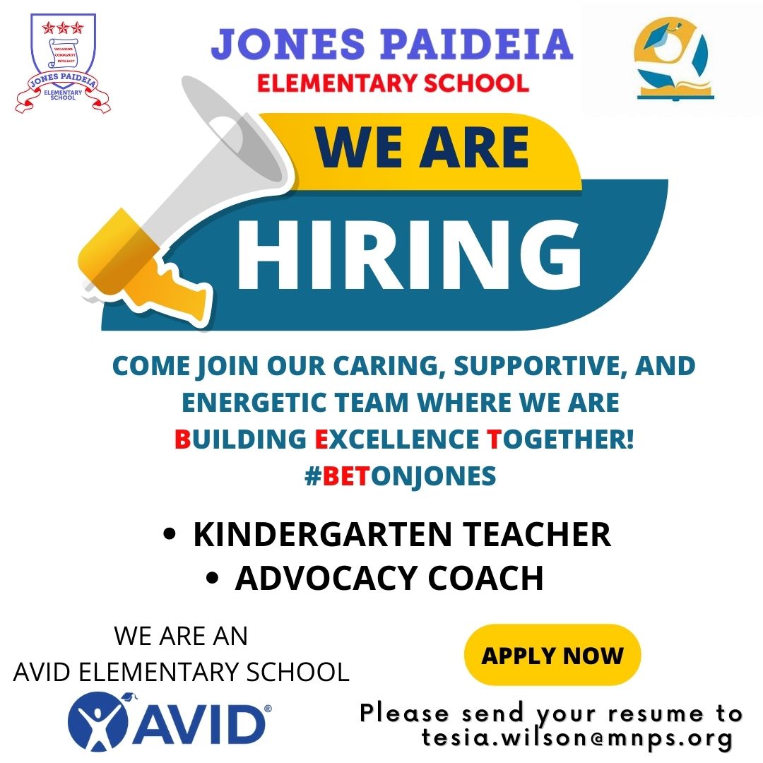 Jones Paideia Magnet (@jonespaideia) on Twitter photo Join us at the <a href="/MetroSchools/">Metro Schools</a> hiring Fair on Friday, July 14th from 3:00-6:00 pm at the Maxwell House.
MNPS is the highest-paying school district in the state and our school is recruiting for teachers & support staff. Please email your resume to tesia.wilson@mnps.org. Join us at the <a href="/MetroSchools/">Metro Schools</a> hiring Fair on Friday, July 14th from 3:00-6:00 pm at the Maxwell House.
MNPS is the highest-paying school district in the state and our school is recruiting for teachers & support staff. Please email your resume to tesia.wilson@mnps.org.