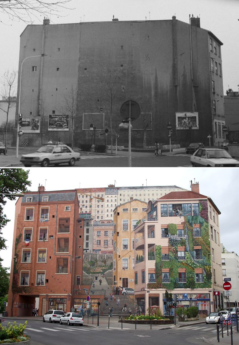 Toujours amusant de redécouvrir le Avant/Après de la fresque des Canuts à Lyon. Un trompe-l'oeil de 1200 m² peint en 1987 par CitéCréation qui représente l'ambiance et la vie du quartier