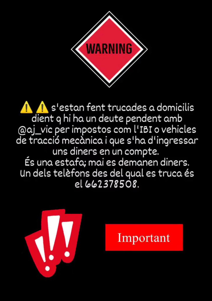 vic_gurbana's tweet photo. ⚠️⚠️ No ens deixem enganyar...
Les administracions mai no reclamen diners per telèfon. https://t.co/LUtLKPisB7