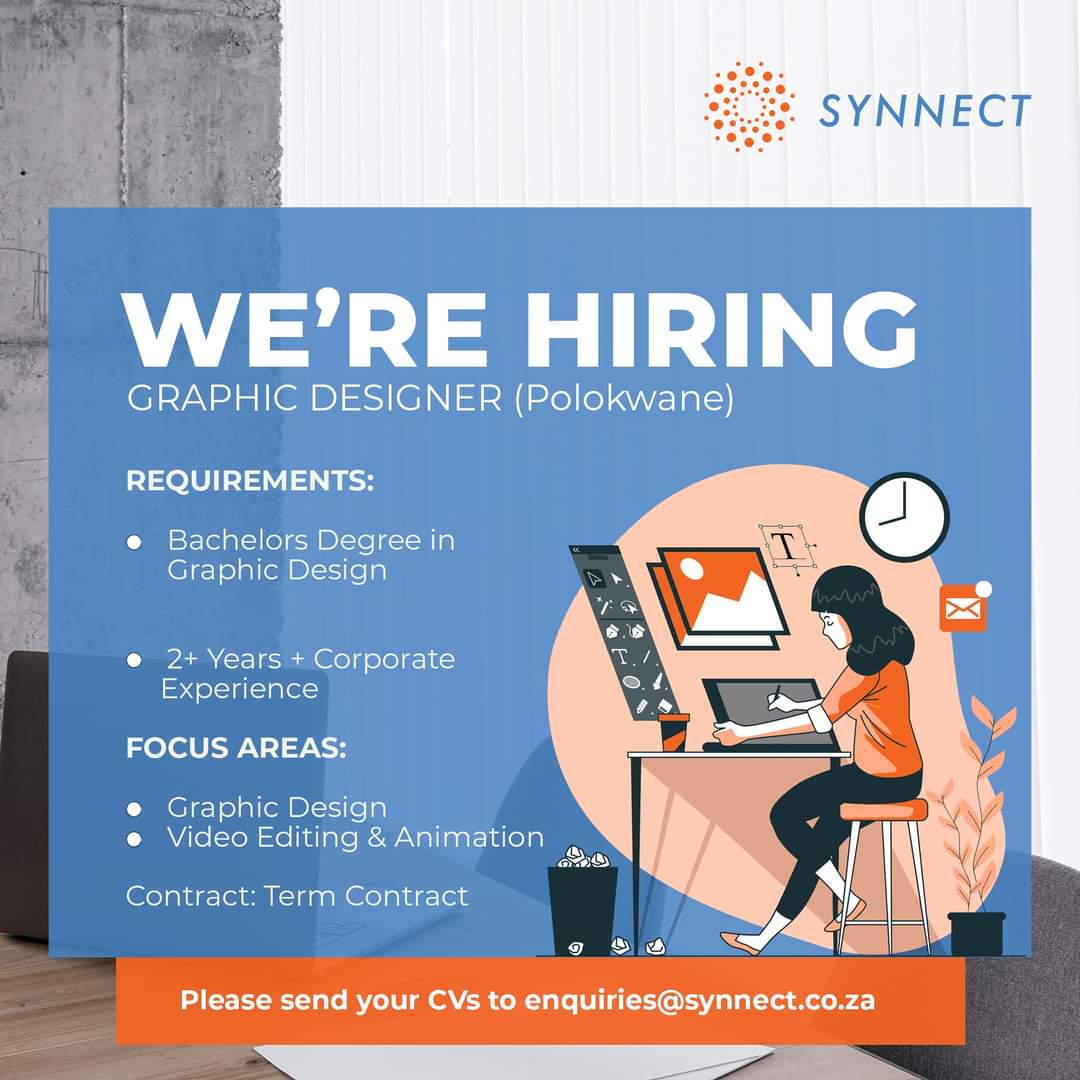 SynnectOfficial's tweet photo. We are hiring! 

We are looking for an experienced, creative Graphic Designer around Polokwane. Closing date for all applications is 15 July 2023. 
Send your CV’s and Portfolio of Evidence to enquiries@synnect.co.za https://t.co/NDH6AORH8F
