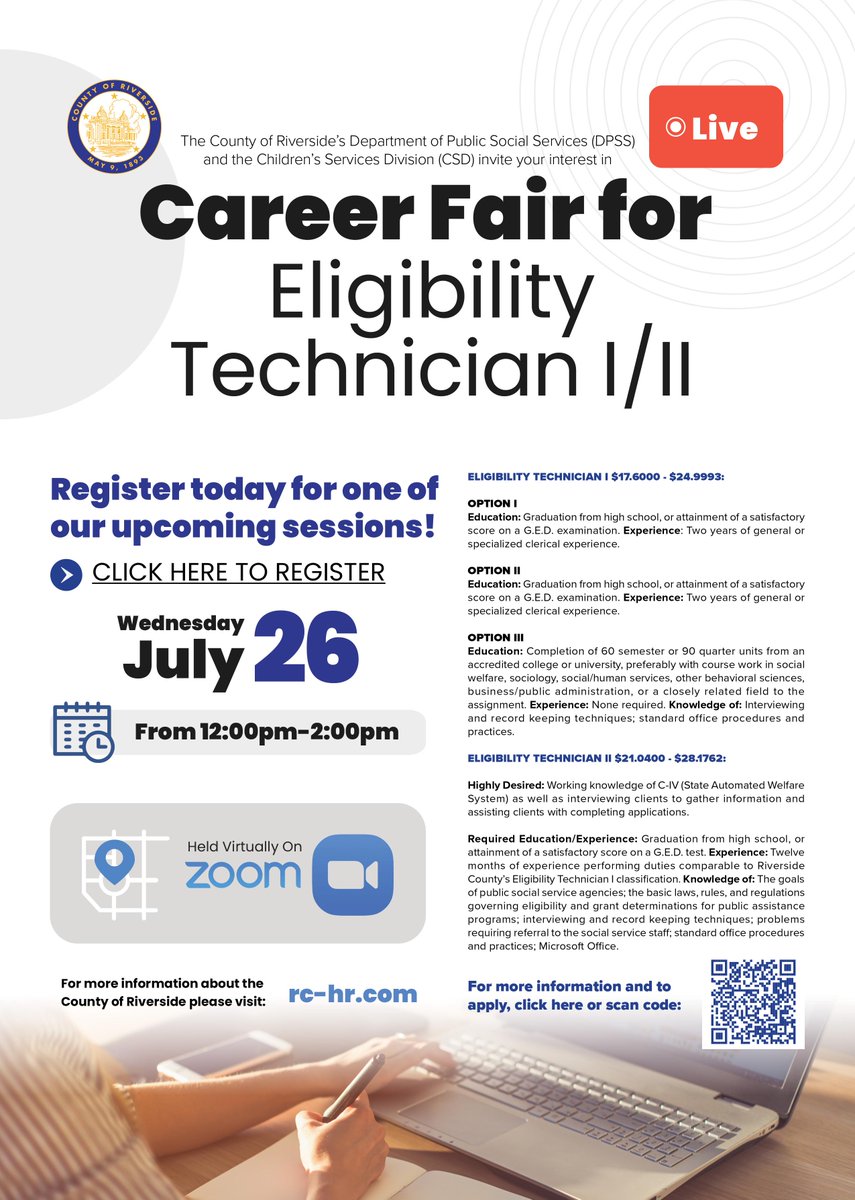 Want a career where you can support and improve the health, safety, and wellbeing of individuals and families in #RiversideCounty? Register for our upcoming virtual information session: us06web.zoom.us/meeting/regist…