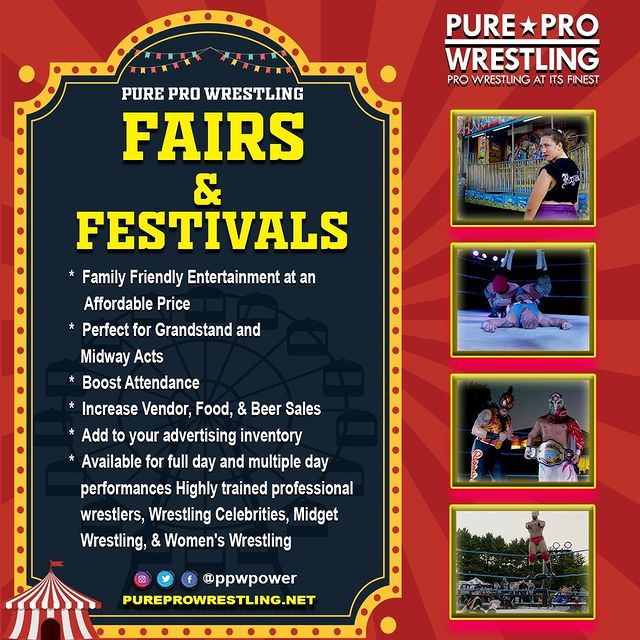 PPWPower's tweet photo. PPW is now available for Fairs and Festivals bookings in 2023!

Boost your attendance, sales, and marketing with LIVE family-friendly entertainment!

Info|https://t.co/dOPWhd9sq2

#PureProWrestling #wwe #aew #raw #smackdown #impactwrestling #roh #nwa #ecw #wrestling #prowrestling https://t.co/KzvyKqgRmT