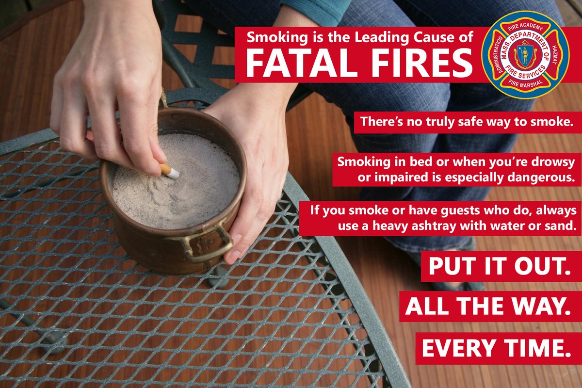 MassDFS's tweet photo. The @01027FD and #MutualAid battled a residential fire last week that started with the careless disposal of smoking materials. There's no truly safe way to smoke, but if you must smoke then use a heavy ashtray with water or sand and #PutItOut, #AllTheWay, #EveryTime. https://t.co/Ca9X6JVjZv