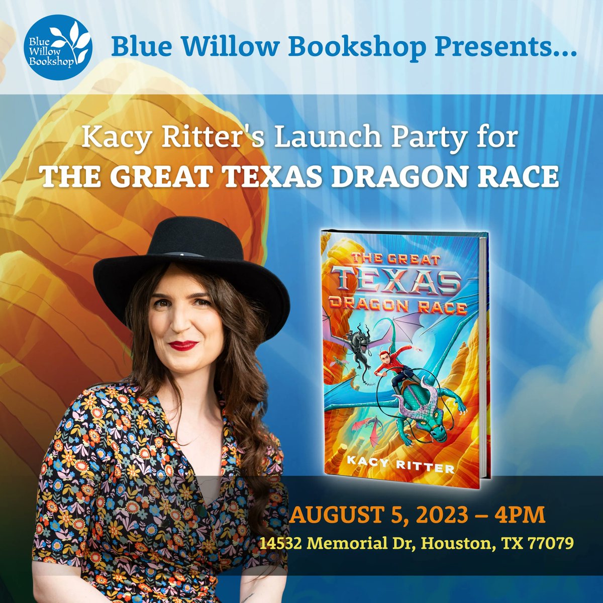 BlueWillowBooks's tweet photo. We're so excited to host #Houston author @KC_Ritter's ✨launch party✨ for her #mglit debut, THE GREAT TEXAS DRAGON RACE! 🐉

Don't miss it, y'all! We hear there might be a large inflatable dragon... 👀 https://t.co/eXk5Ui7eT0 @HarperChildrens https://t.co/tPy9SnBZrD