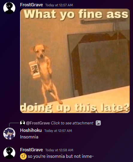 hoshihoku69's tweet photo. Good Morning Twitter. Today's #TraumaWithHoshi features the lovely @GraveVFrost . Insomnia sucks. #vtubers #discordscreenshots https://t.co/jqteAvgk3L