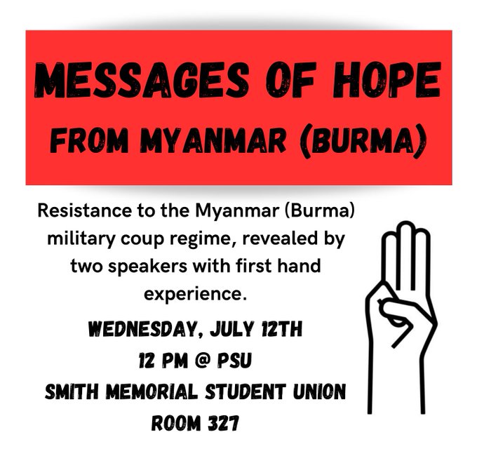 New event
12th July Midday Pacific Time 

Join @NeverAgainPDX, @EdithMirante & people's Radio for 'Messages of hope From Myanmar (Burma)' to learn more about the Resistance in Myanmar, their Challenges & successes