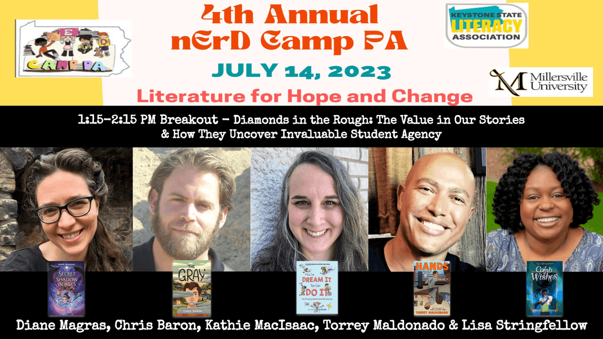 I'm so thrilled to be presenting at NerdCampPA this Friday, 1:15 pm EDT, with 'Diamonds in the Rough,' a panel about uncovering student agency, with the incredible @baronchrisbaron, @KathieMacIsaac, @TorreyMaldonado, and @EngageReaders!

Sign up here: forms.gle/TK1jYcmBEahZMx…