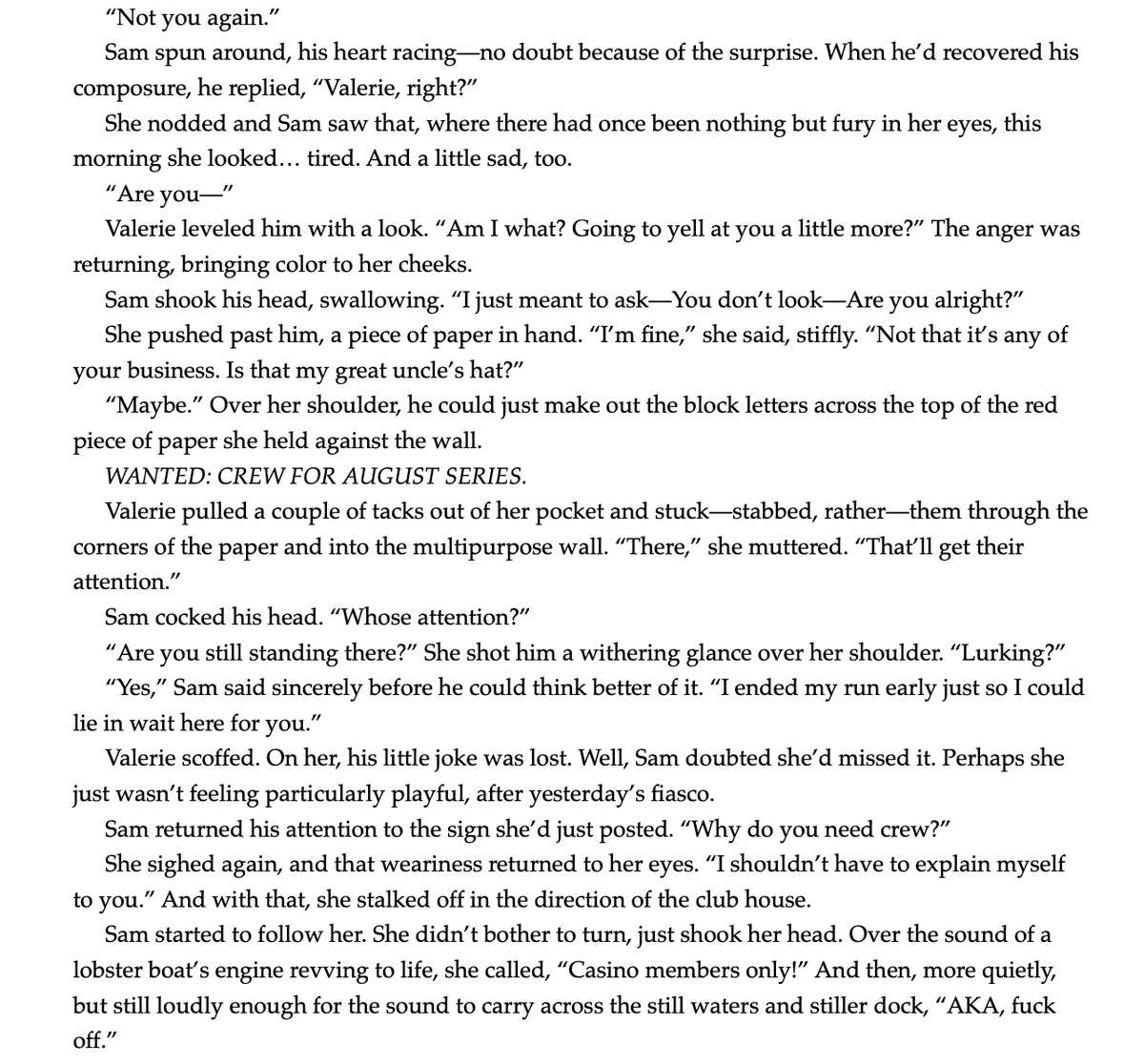 only FIVE more days until sam and valerie get off to a nearly disastrous start in my upcoming romance novella, THE BEST CREW!!! to celebrate, here's a #sundaysnippet (#snippetsunday?) for you: