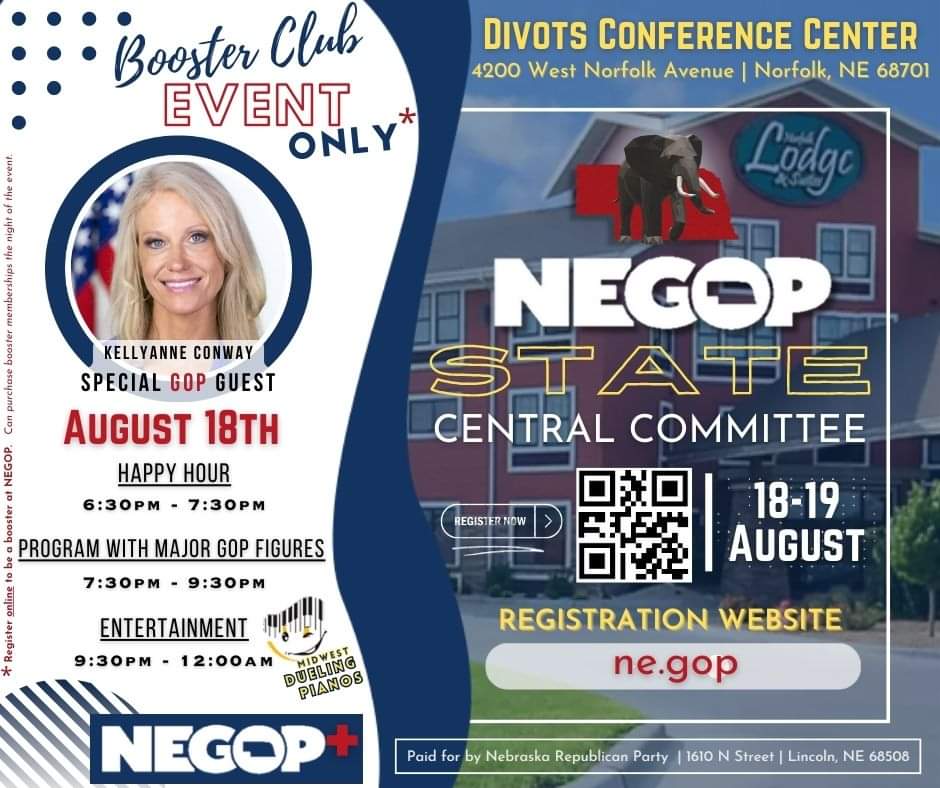 We are excited to announce the special guest for our August 18th NEGOP+ Booster Event in Norfolk, NE is...

Kellyanne Conway!!

Become a Basic Level NEGOP+ Booster Annual Donor ($150 - Annual) and gain access to all NEGOP+ Booster Events.

Go to https://t.co/MWQ7R8dAS0 and sign… https://t.co/YbeYfqBLZN https://t.co/z9BZTtOYPt