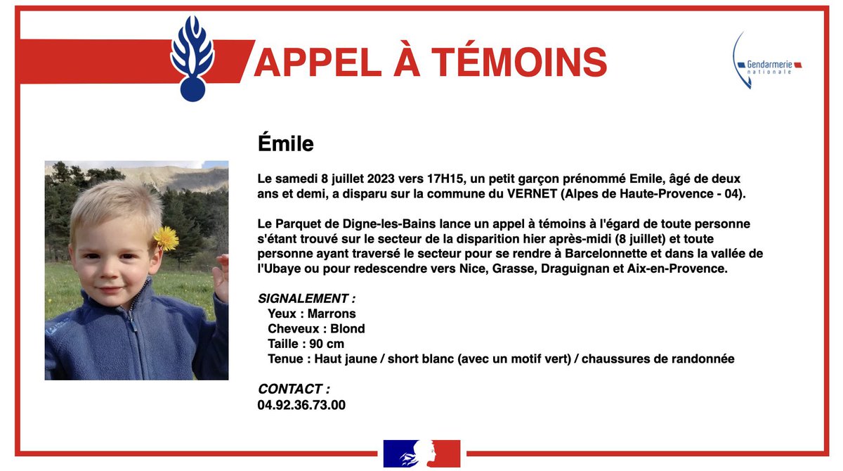 Prefet04's tweet photo. !! #AppelàTémoins lancé après la disparition à #Vernet samedi 8 Juillet du petit #Émile 2 ans. https://t.co/nRLHeCFEHG