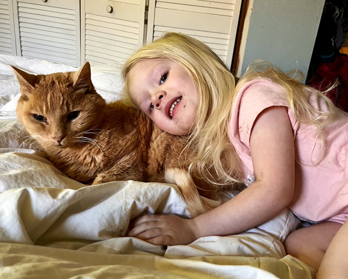 It’s not Caturday but I couldn’t help but share. Here’s my niece Emma (3) cuddling with Charlie (19) — she coos that she loves him, tells him that he’s going to be okay and showers him in kisses he doesn’t totally appreciate.