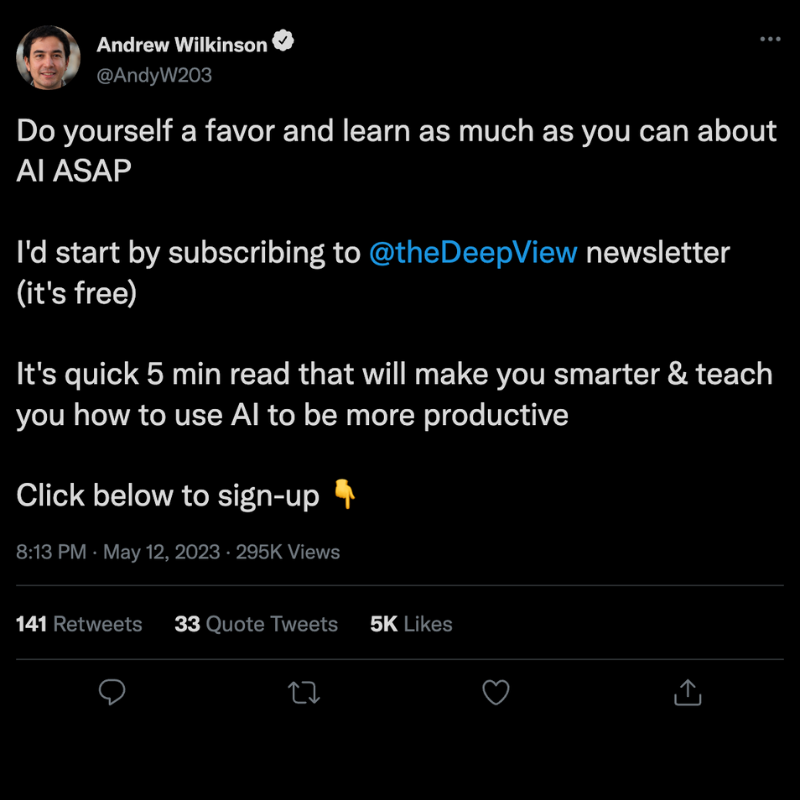 theDeepView's tweet photo. Master AI in just 5 mins a day.

Join 10,000+ readers of The Deep View newsletter including execs from OpenAI and Google for FREE today.